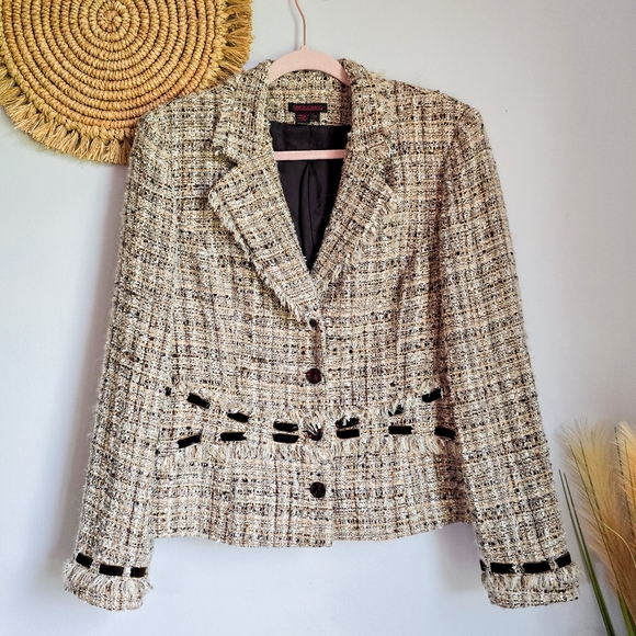 Simon Chang Tweed Tan Fringe Wool Alpaca Mohair Preppy Blazer Jacket SZ 14 - Picture 1 of 8